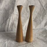 Pair of vintage birch wood candlesticks, Scandinavian design