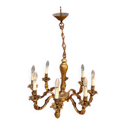 Lustre ancien en laiton doré massif style Louis XV rocaille à 8 feux – années 50 70