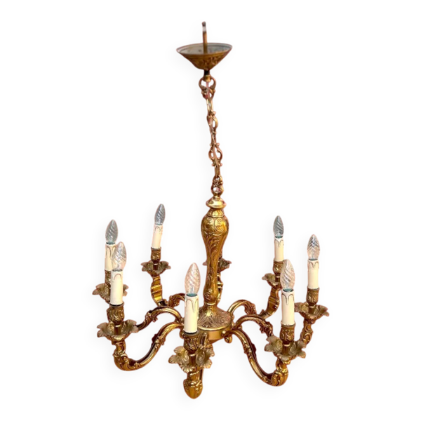 Lustre ancien en laiton doré massif style Louis XV rocaille à 8 feux – années 50 70