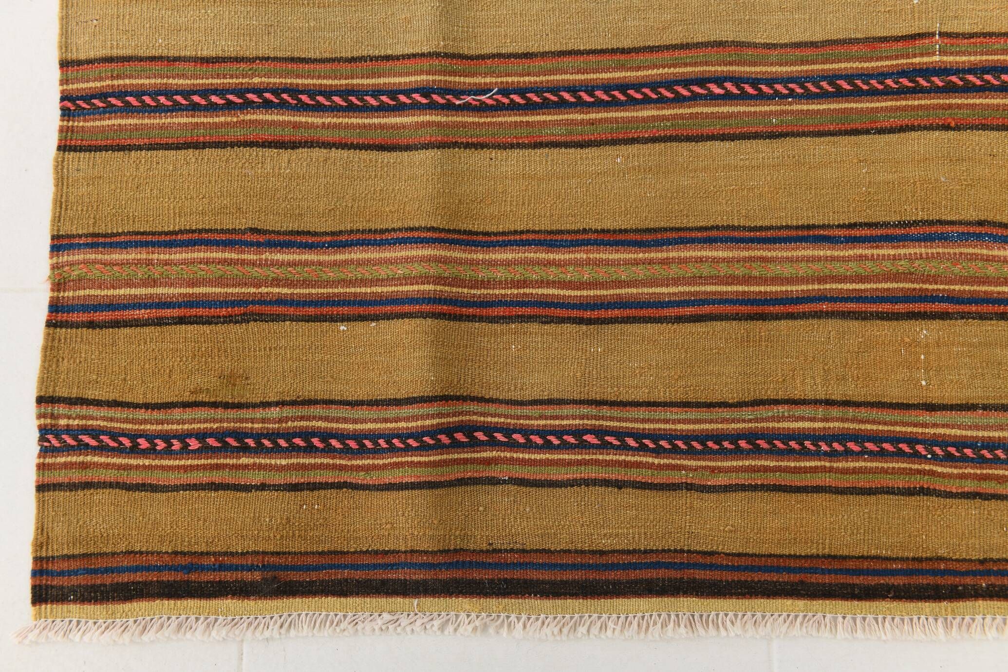 4x7 Bronze & Red Striped Handmade Vintage Kilim Rug, 130x218Cm