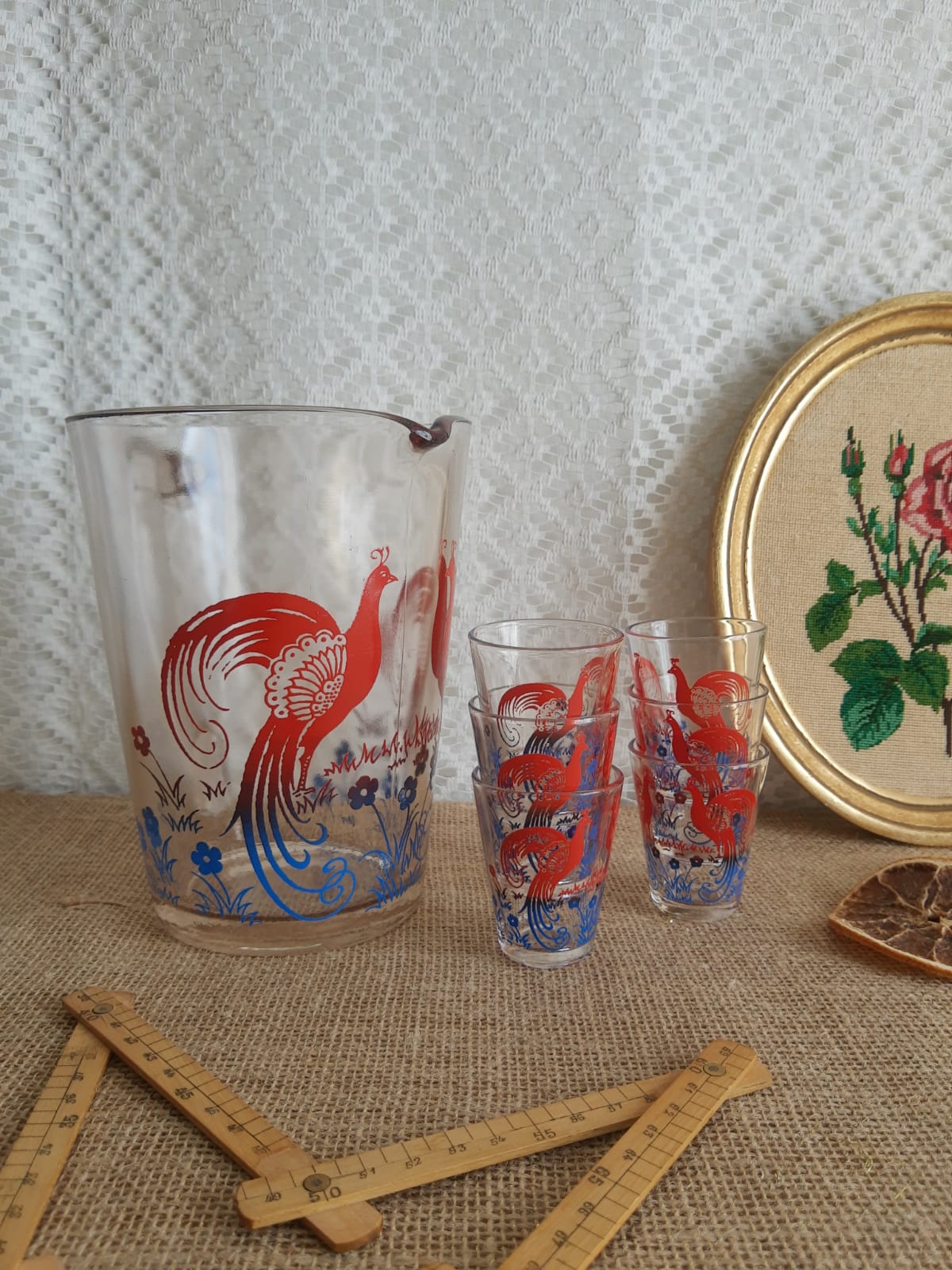 Pitcher and 6 vintage peacock liqueur glasses