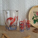 Pitcher and 6 vintage peacock liqueur glasses