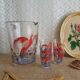 Pitcher and 6 vintage peacock liqueur glasses