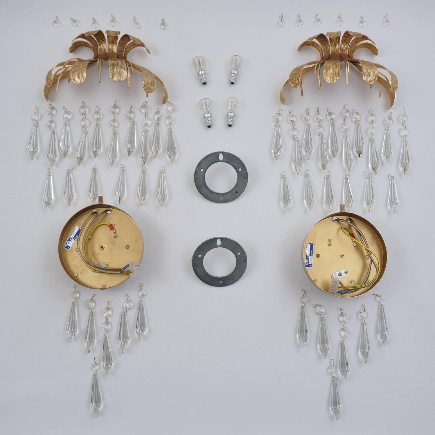 Palwa crystal pair wall lights sconces by Ernst Palme, brass pineapple, 1960`s, German