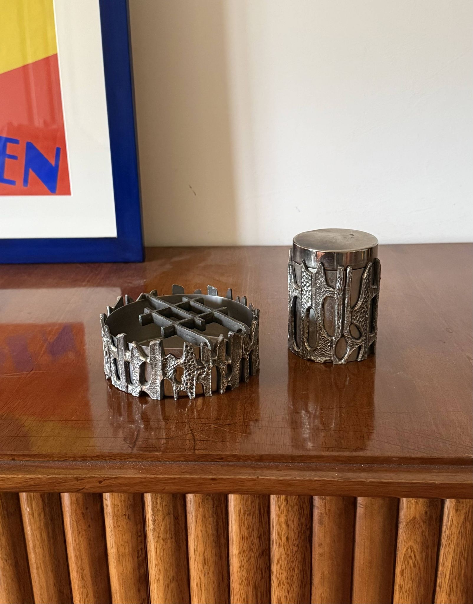 Brutalist top smoking set, ashtray and cigars box, Morbelli Italy 1970