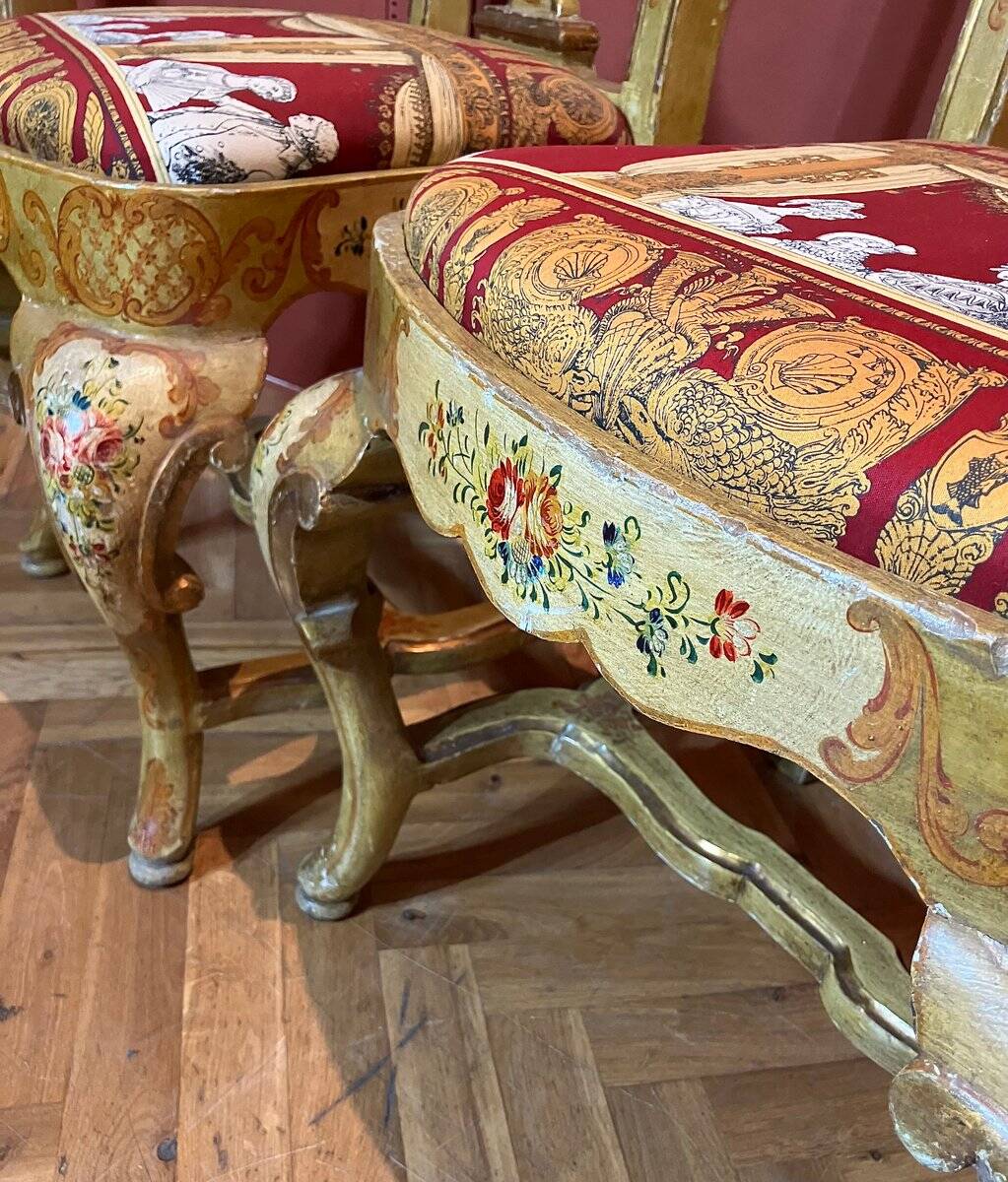 Venetian Lacquered Rococo-Style Armchairs with Hand-Painted Floral Décor and Theater-Inspired Upholstery, Set of 2