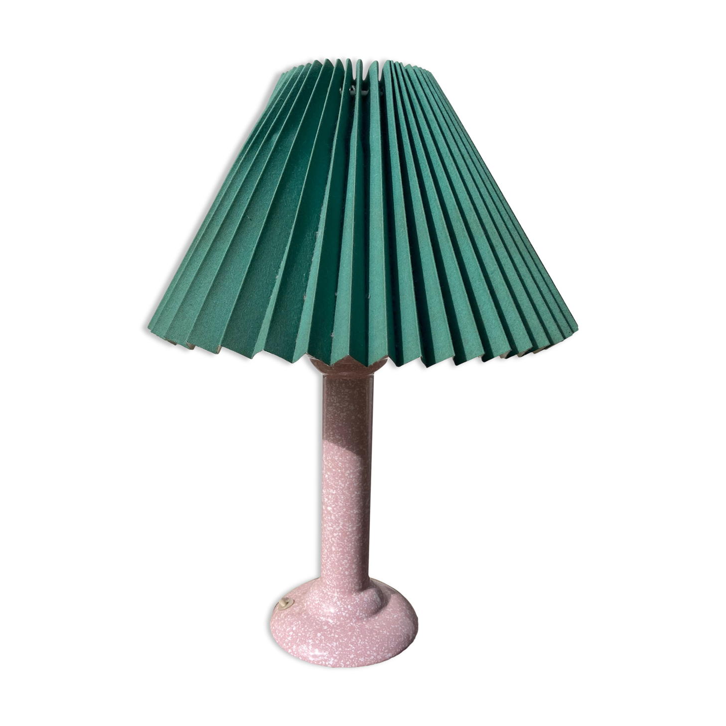 Lampe de chevet rose 1980 moucheté blanc abat jour plissé vert