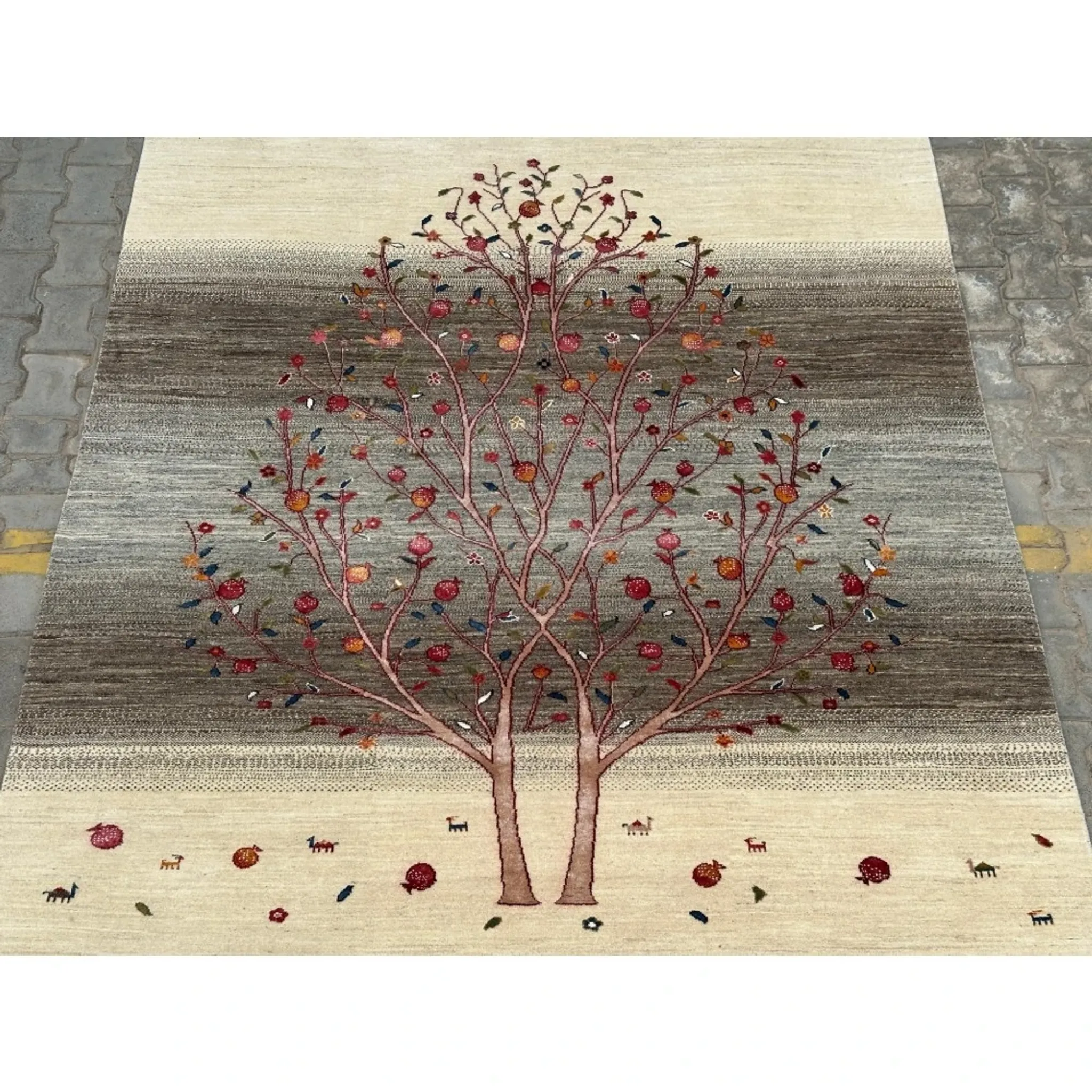 Hand-Knotted Wool Area Rug for Living Room, Tree Design Beige and Brown Carpet