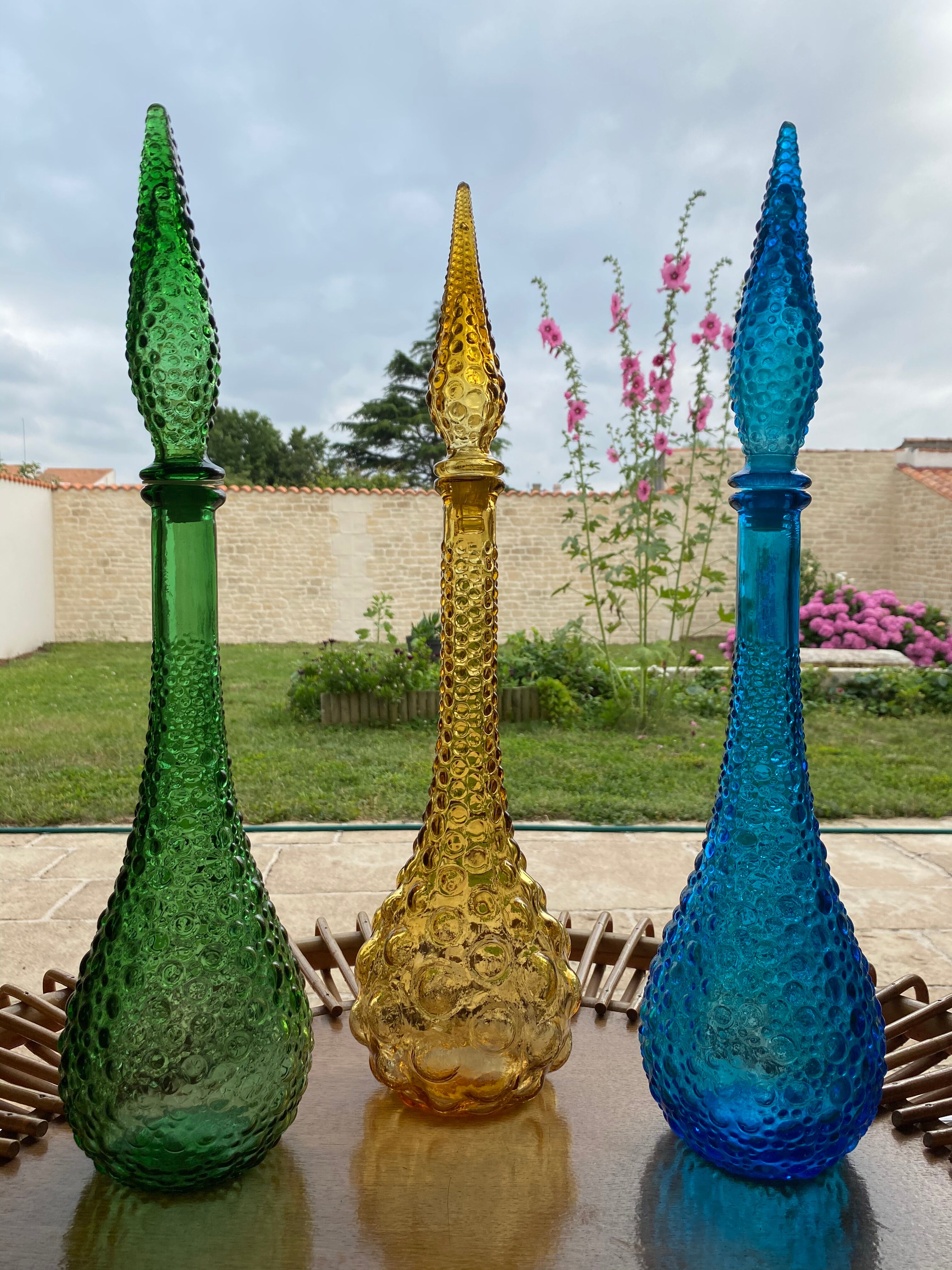 Set of 3 large Empoli decanters from the 60s