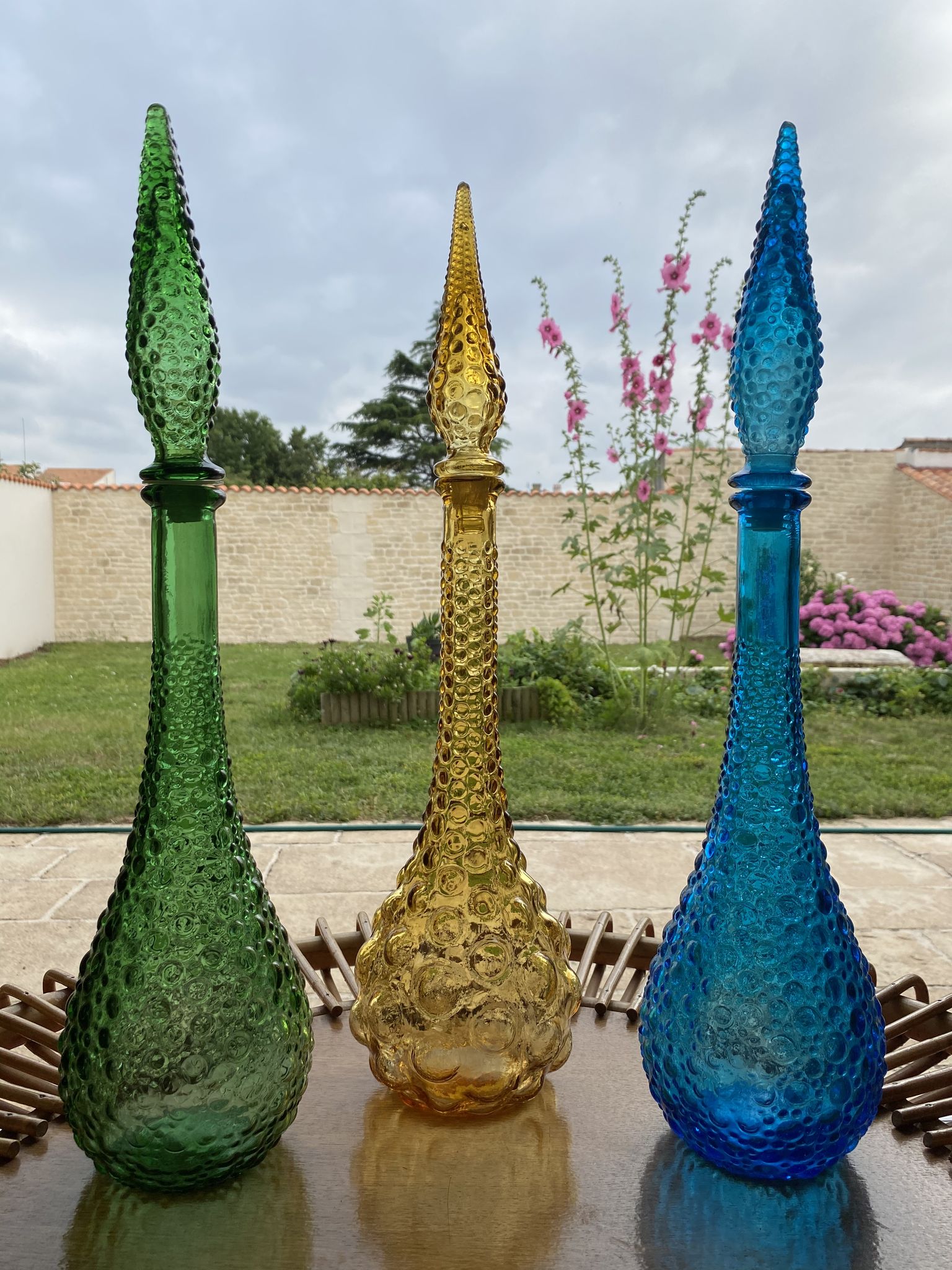 Set of 3 large Empoli decanters from the 60s