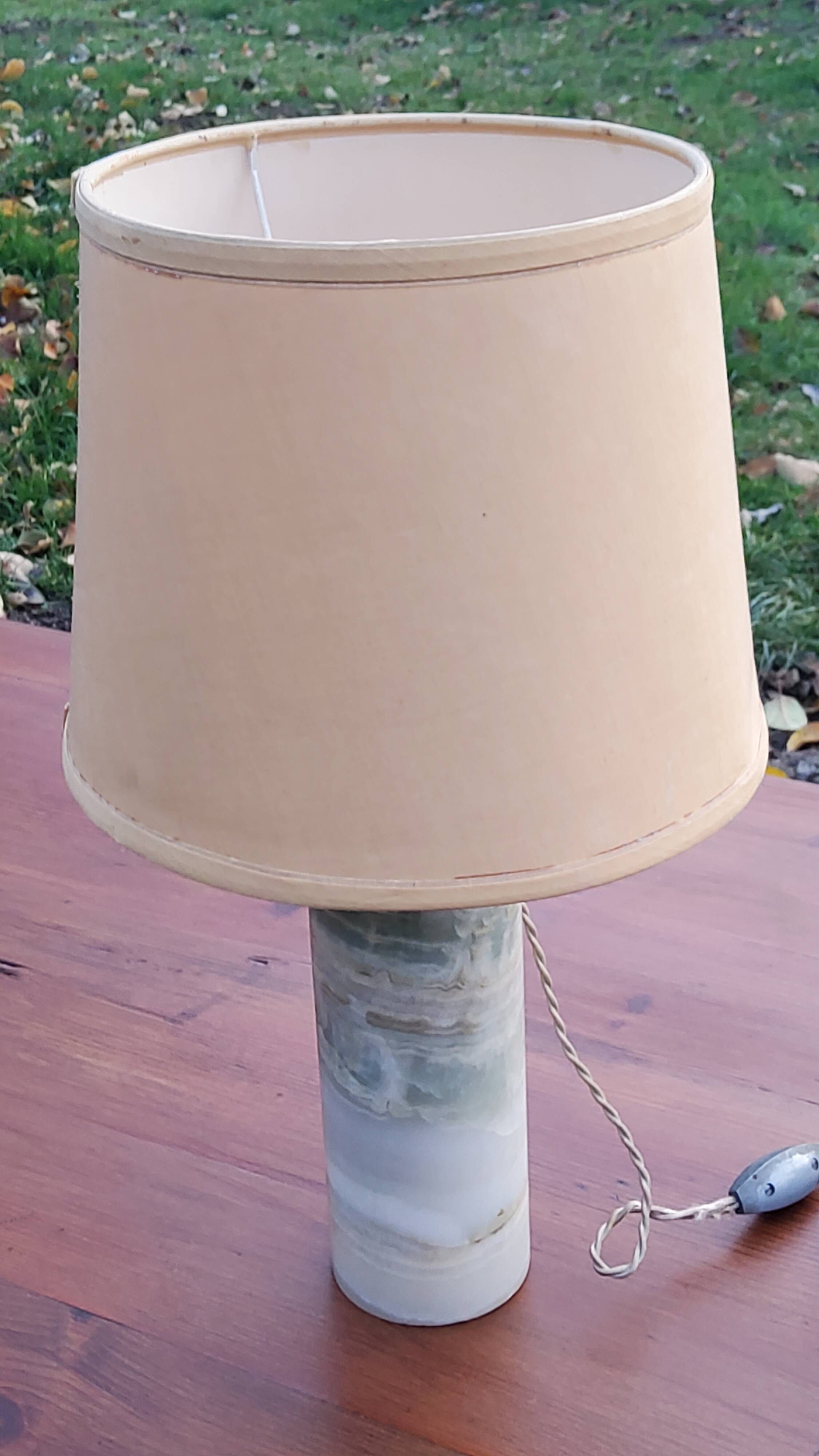 Designer lamp from the 70s in almond green onyx with original fabric shade