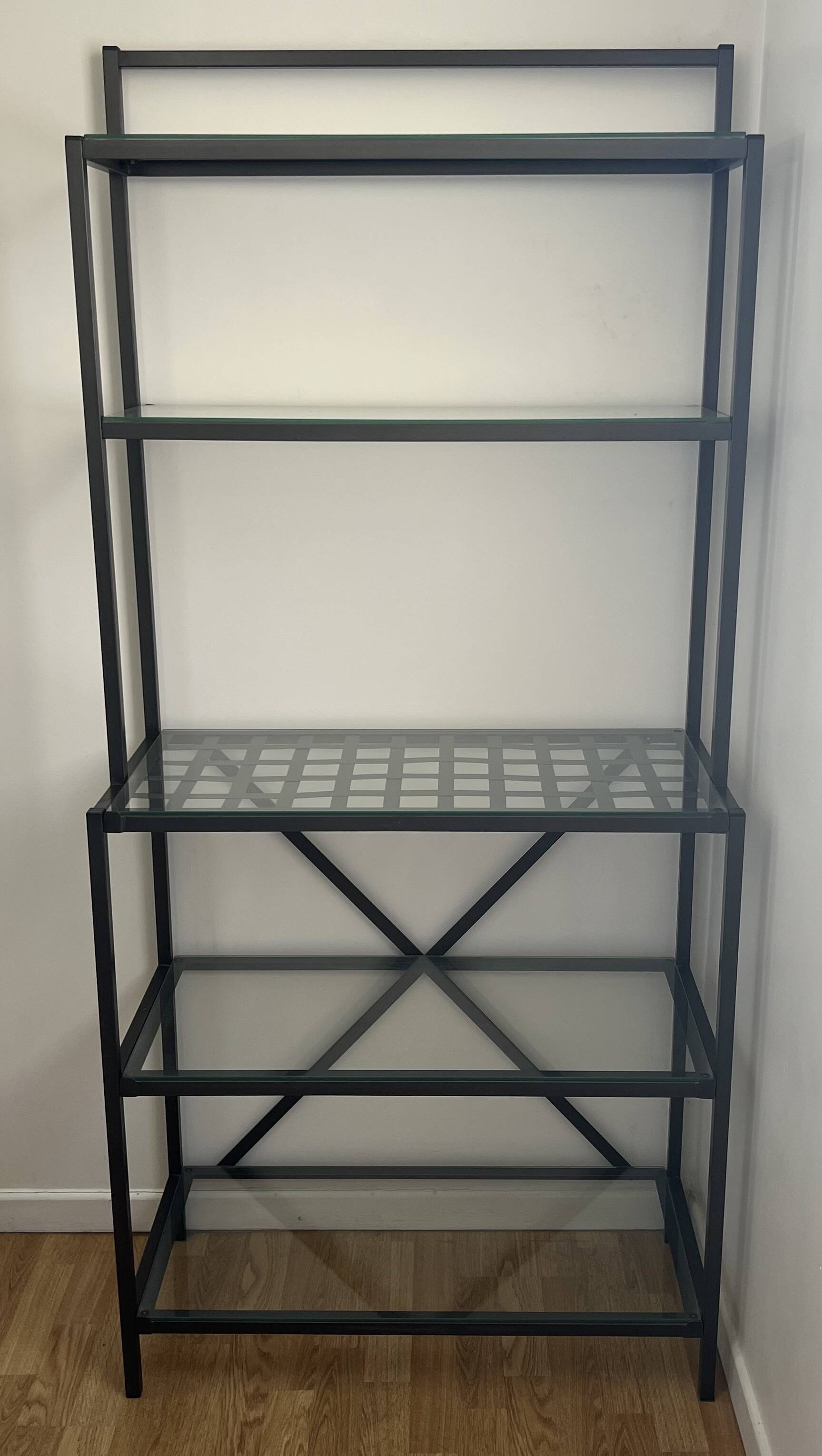 Black metal designer shelf with glass shelves