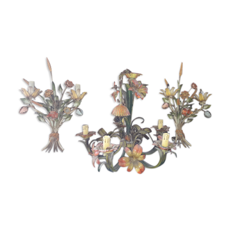 Lustre floral avec ses deux appliques année 70
