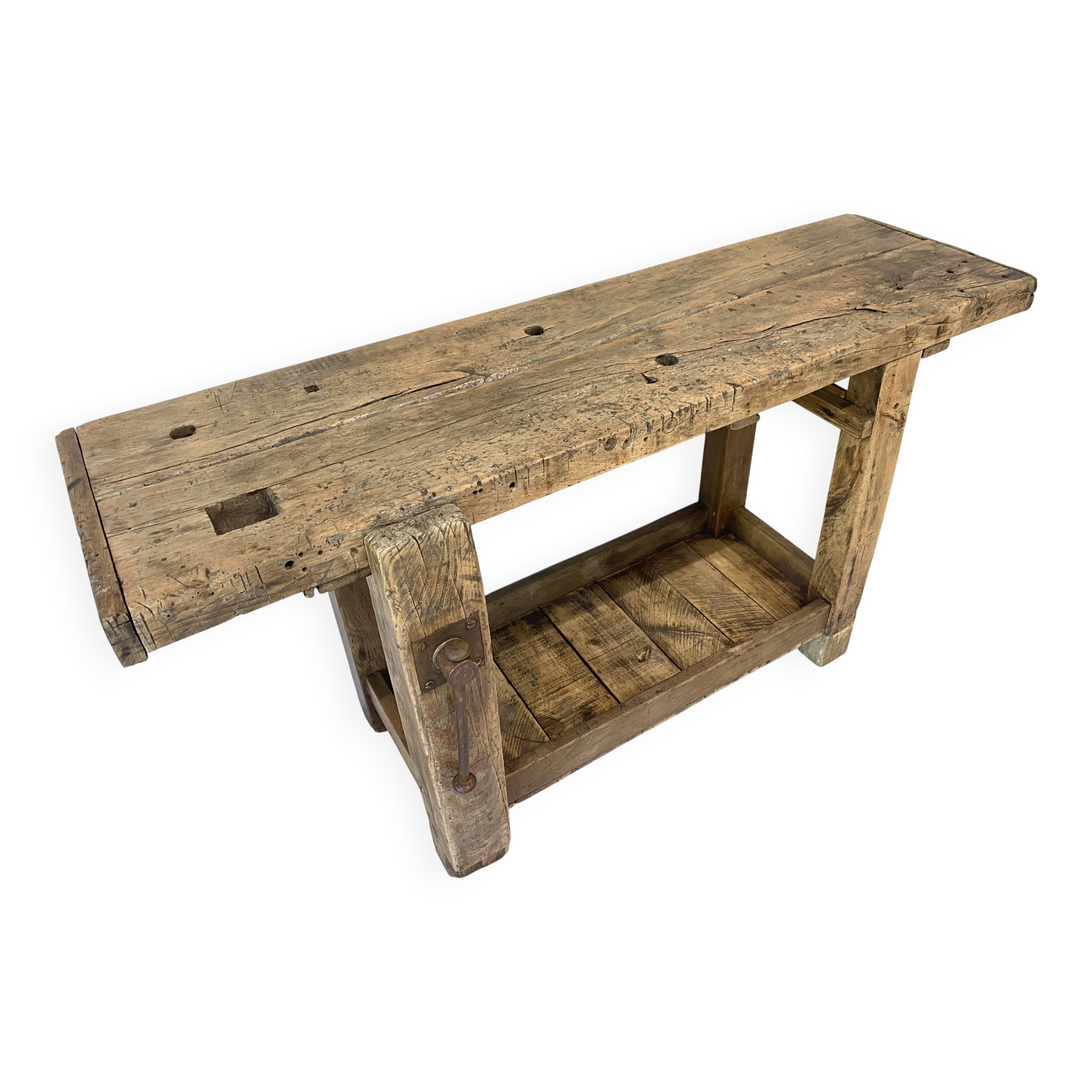 Établi en bois industriel vintage, meuble de métier