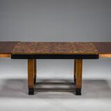 Art Deco French Walnut & Burl Dining Set, 1930s, Set of 7