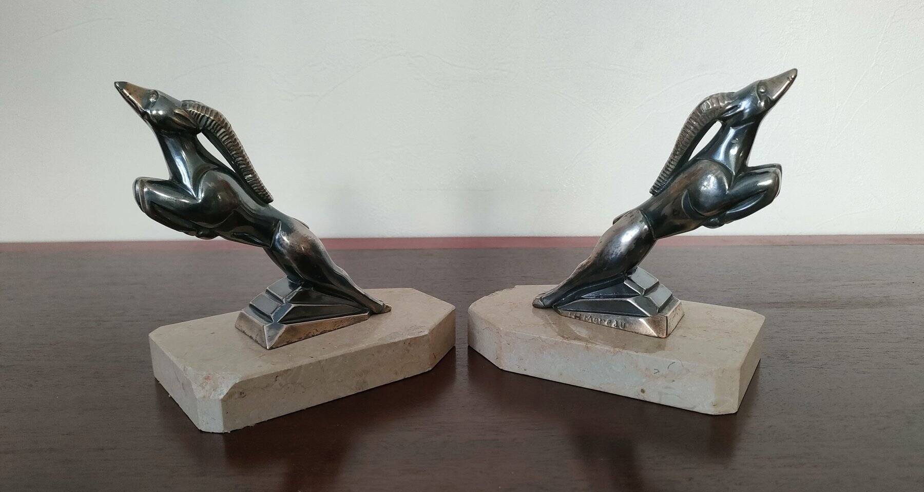 Pair of Gazelles bookends Hippolyte Moreau, signed - Spelter, marble