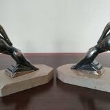 Pair of Gazelles bookends Hippolyte Moreau, signed - Spelter, marble
