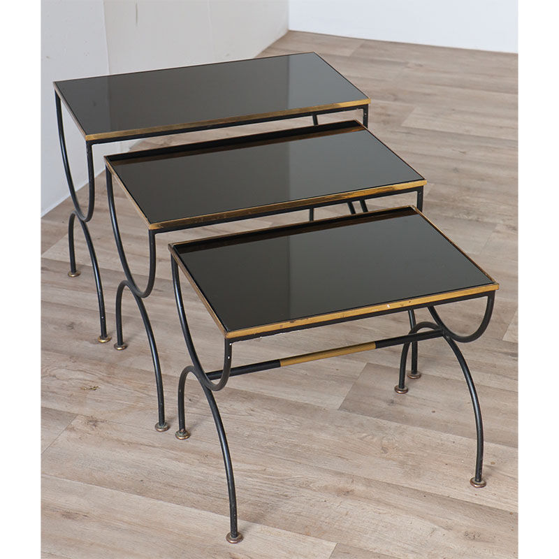 Vintage nesting tables in metal and black opaline glass 1950