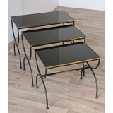 Vintage nesting tables in metal and black opaline glass 1950
