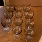11 wine and water glasses in smoked grey glass and transparent base vintage 1970