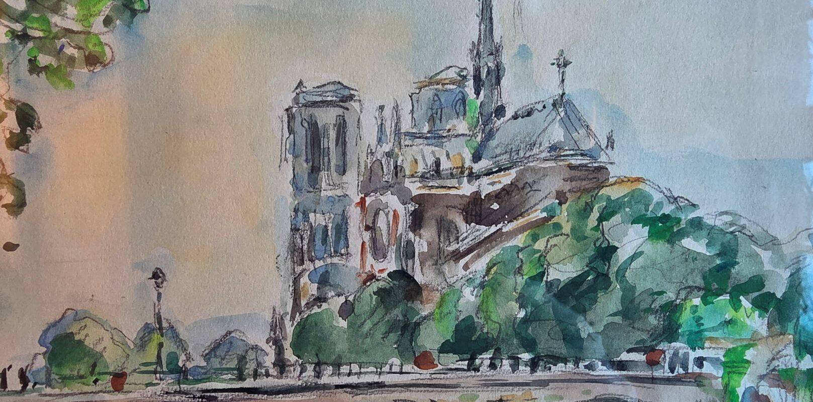 Fraye André Watercolour Notre Dame de Paris View from the Quays of the Seine XXth