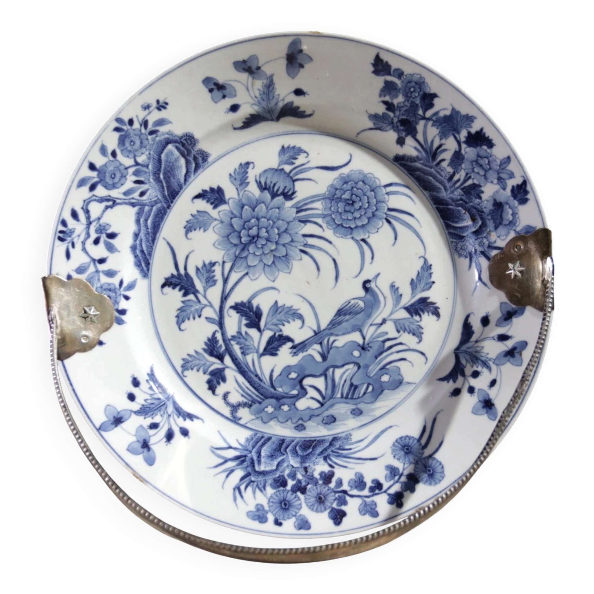 Chinese Kangxi blue and white plate with silver handle – ca. 1700