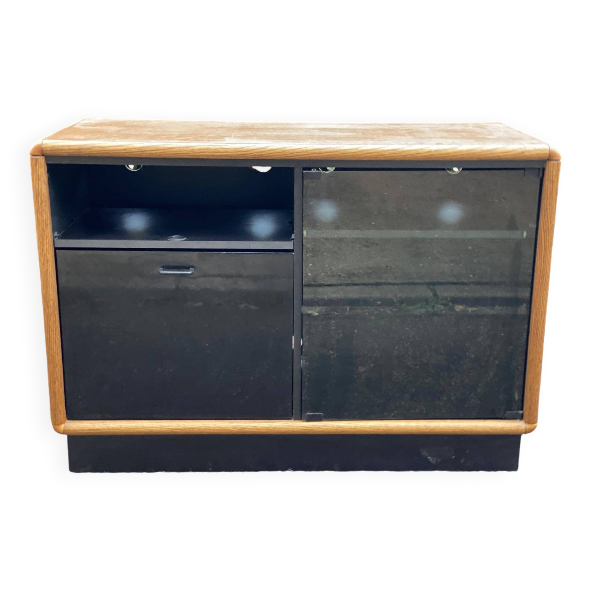 Vintage wood and black glass TV cabinet buffet