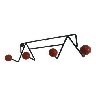 Portemanteau vintage 1960 boules rouges 4 patères - 44 x 13 cm