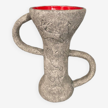 Vase signé Francis Triay 2 anses céramique 1960 intérieur rouge émaillé