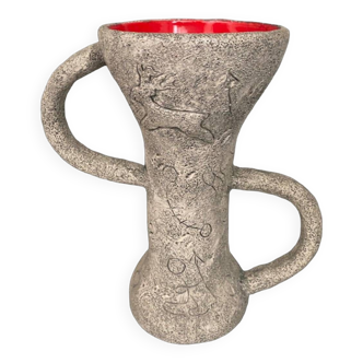 Vase signed Francis Triay 2 handles ceramic 1960 red enamelled interior