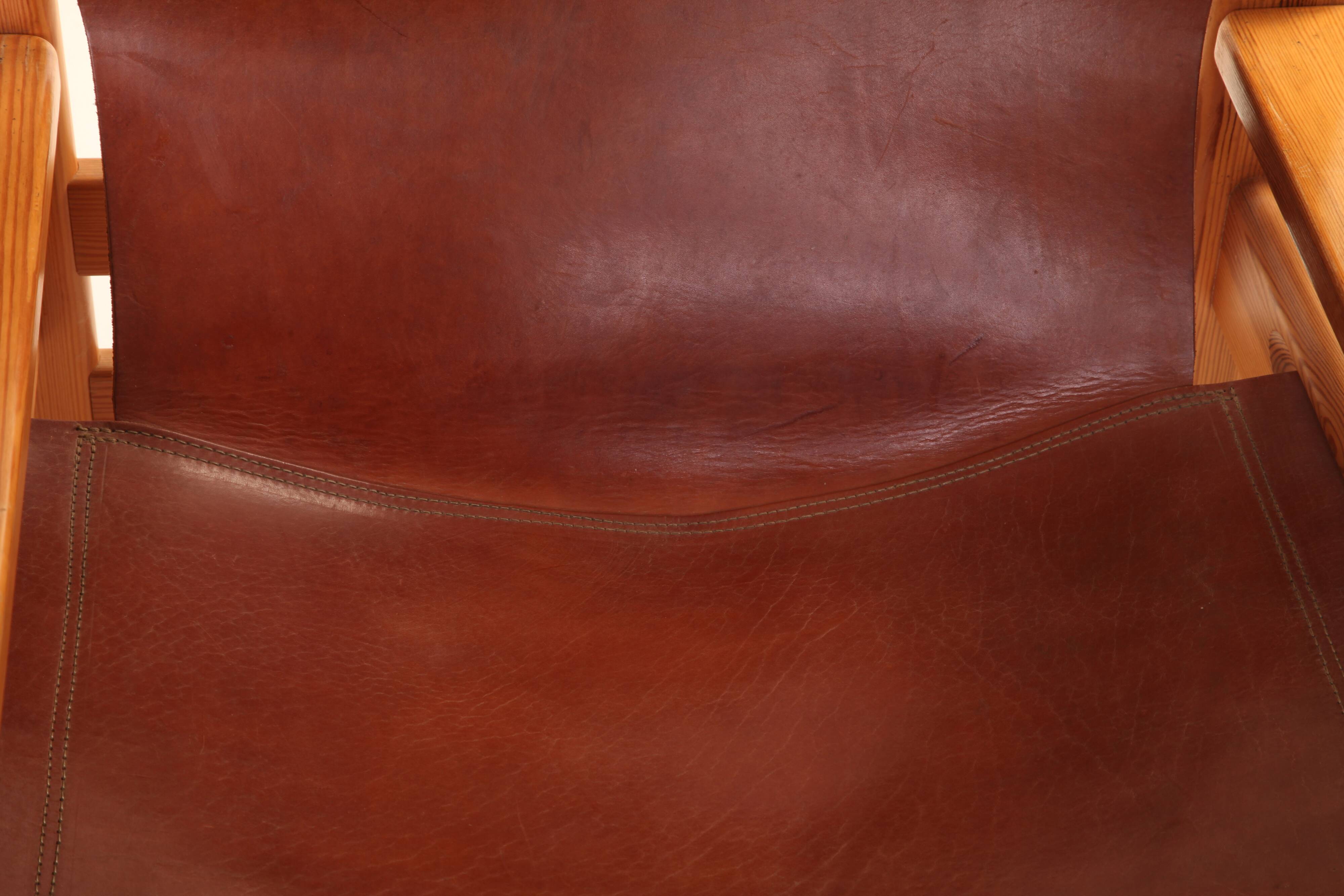 1960s armchair tan saddle leather pine wood swedish
