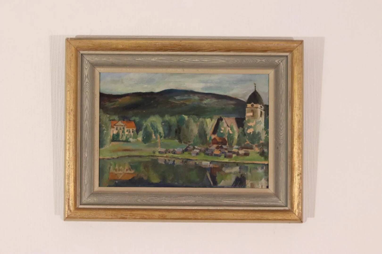 Original Swedish Oil on Panel – “Rural Village” by Astrid J – Vintage