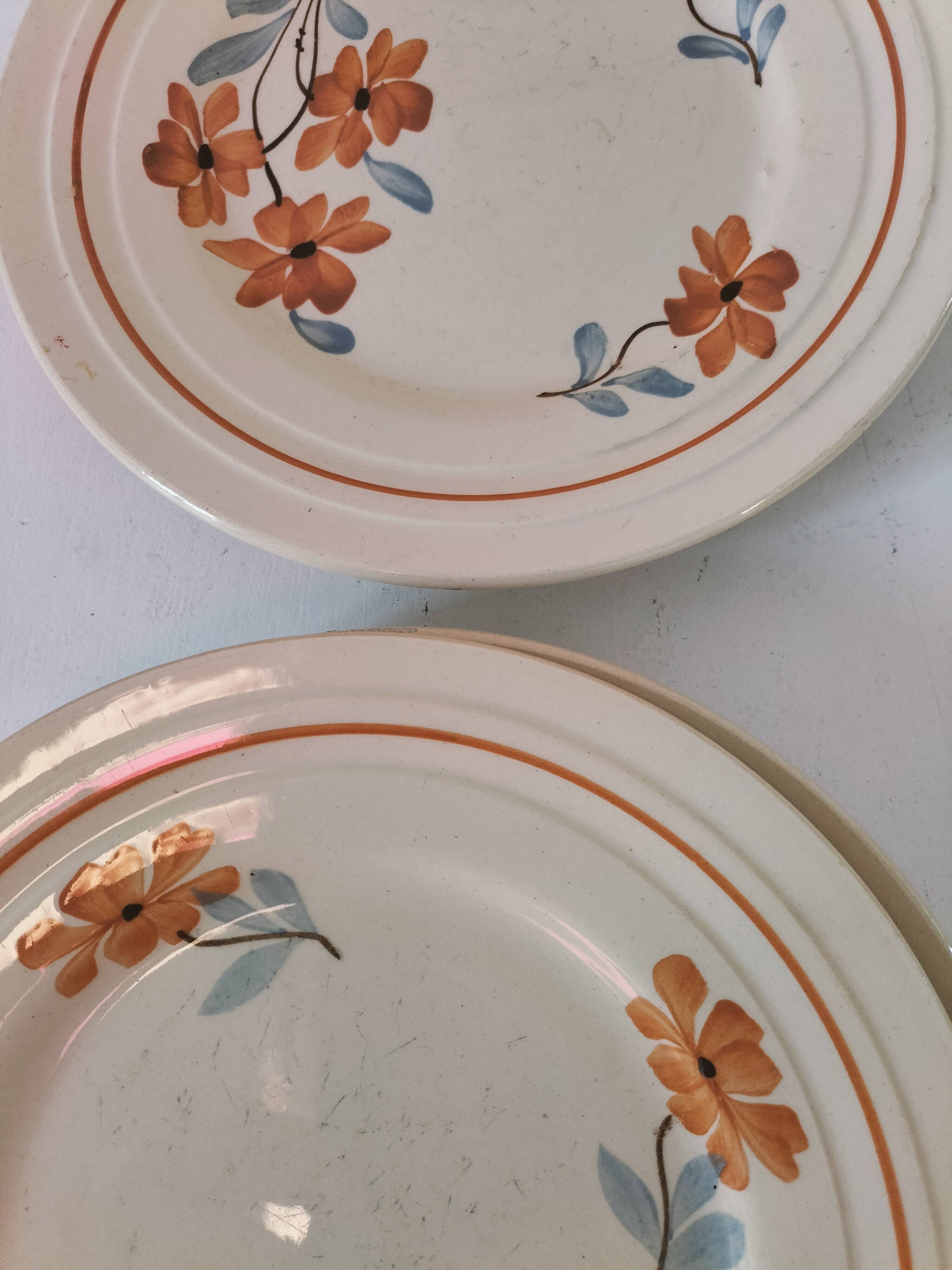Set of 6 vintage orange and blue floral plates – 1950s