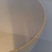 Vintage round coffee table in glass, leather, and metal in Space Age style from the 70s.
