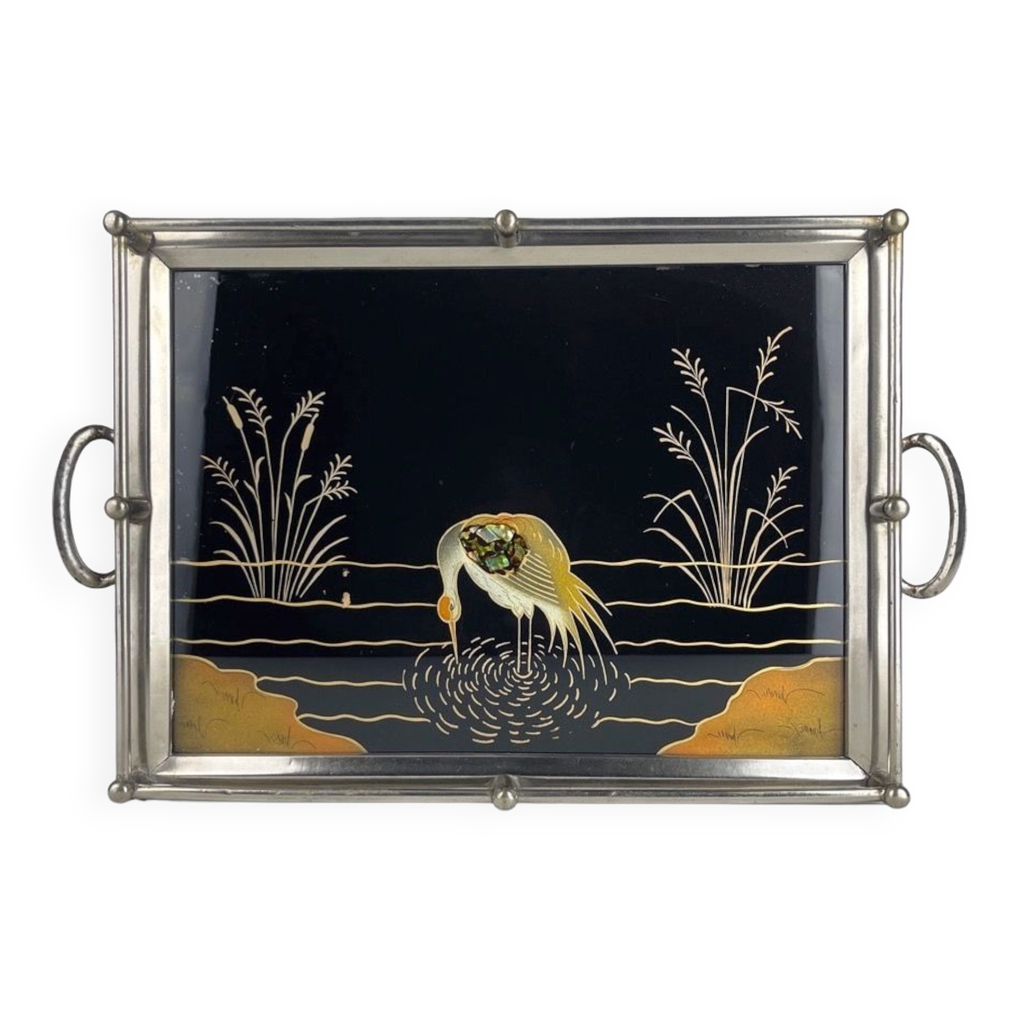 Art Deco tea tray glass and silver metal 30s