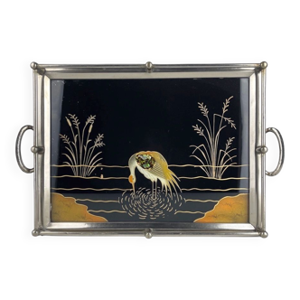 Plateau à thé Art Déco verre et métal argenté années 30