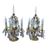Pair of Gilt Bronze Candelabras with Colored Crystal Tassels