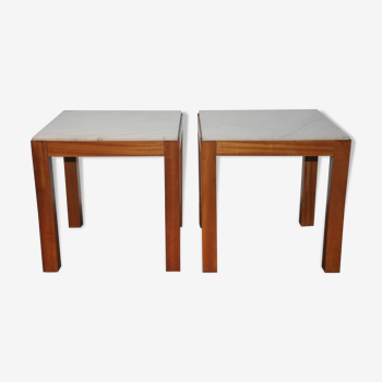 Pair of wooden and marble side tables