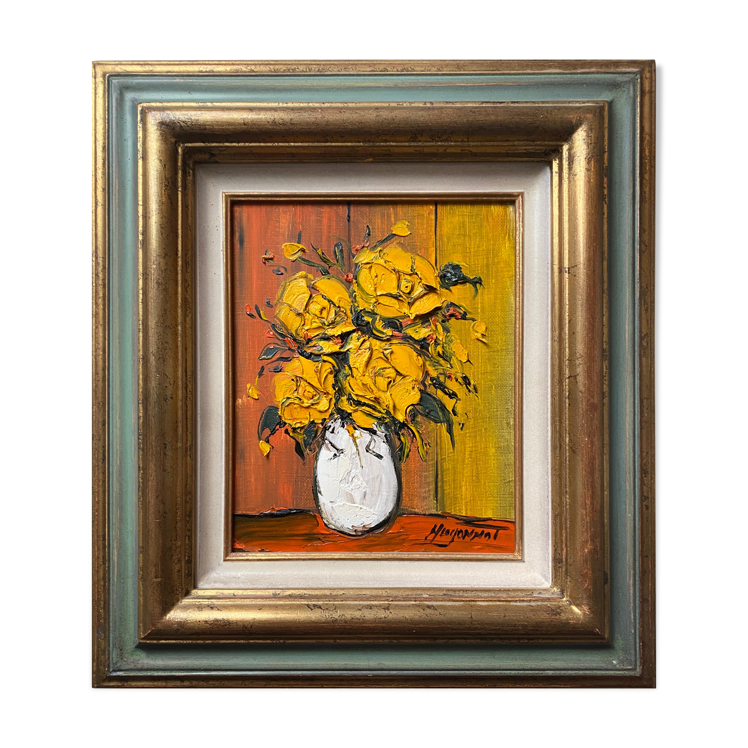 Painting "Bouquet of yellow roses" by Patrick HUGONNOT (1963) + frame