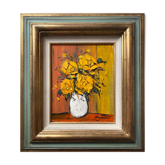 Painting "Bouquet of yellow roses" by Patrick HUGONNOT (1963) + frame