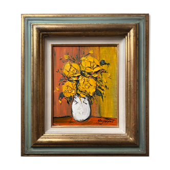 Tableau "Bouquet de roses jaunes" par Patrick HUGONNOT (1963) + cadre