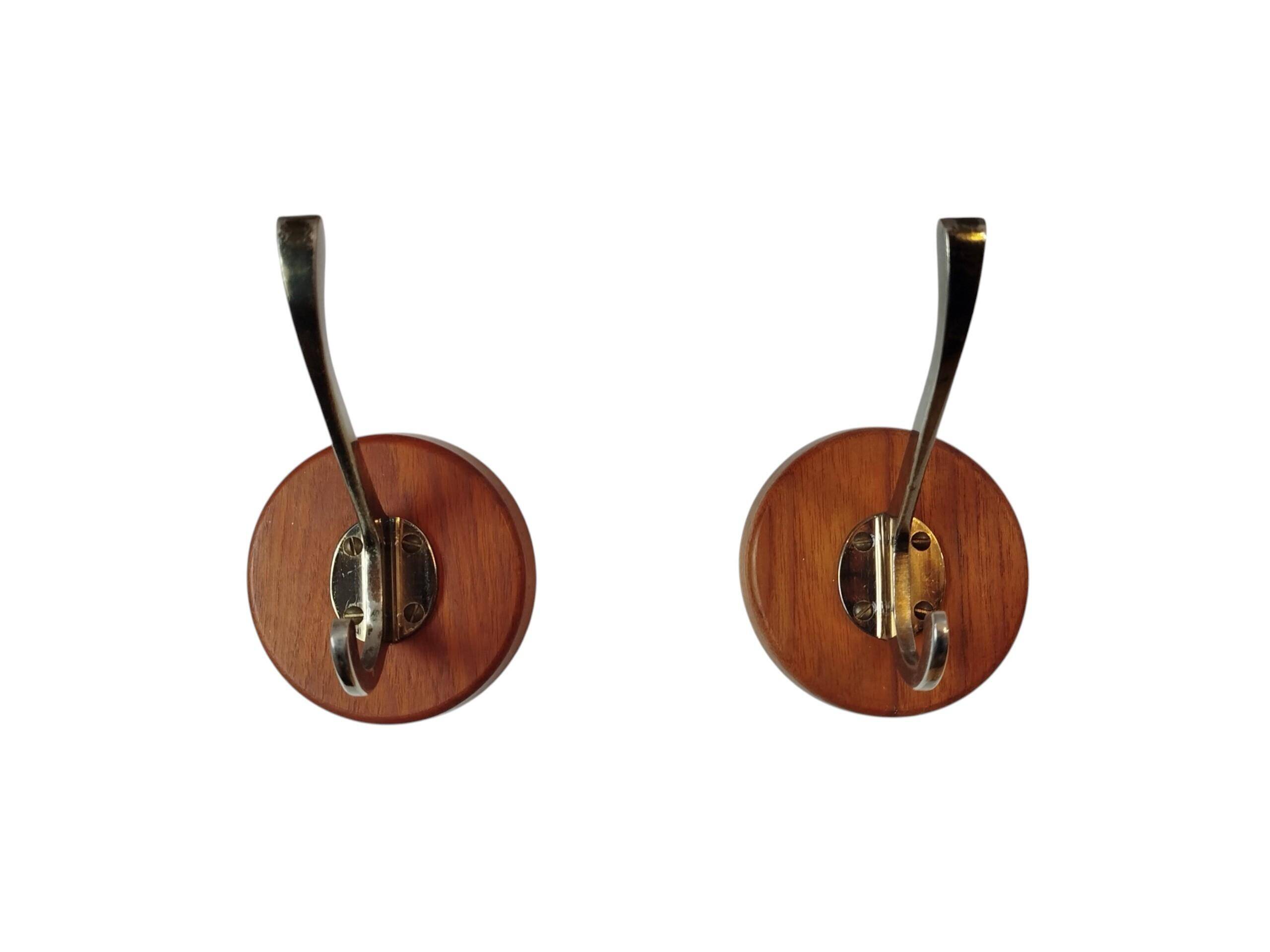 Set of 4 teak and brass coat hooks, Denmark 1960s