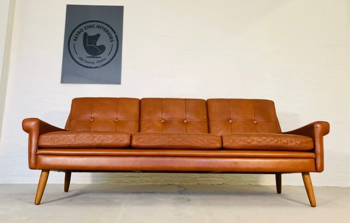 Canapé Svend Skipper vintage danois des années 60 en cuir cognac pour 3 personnes.