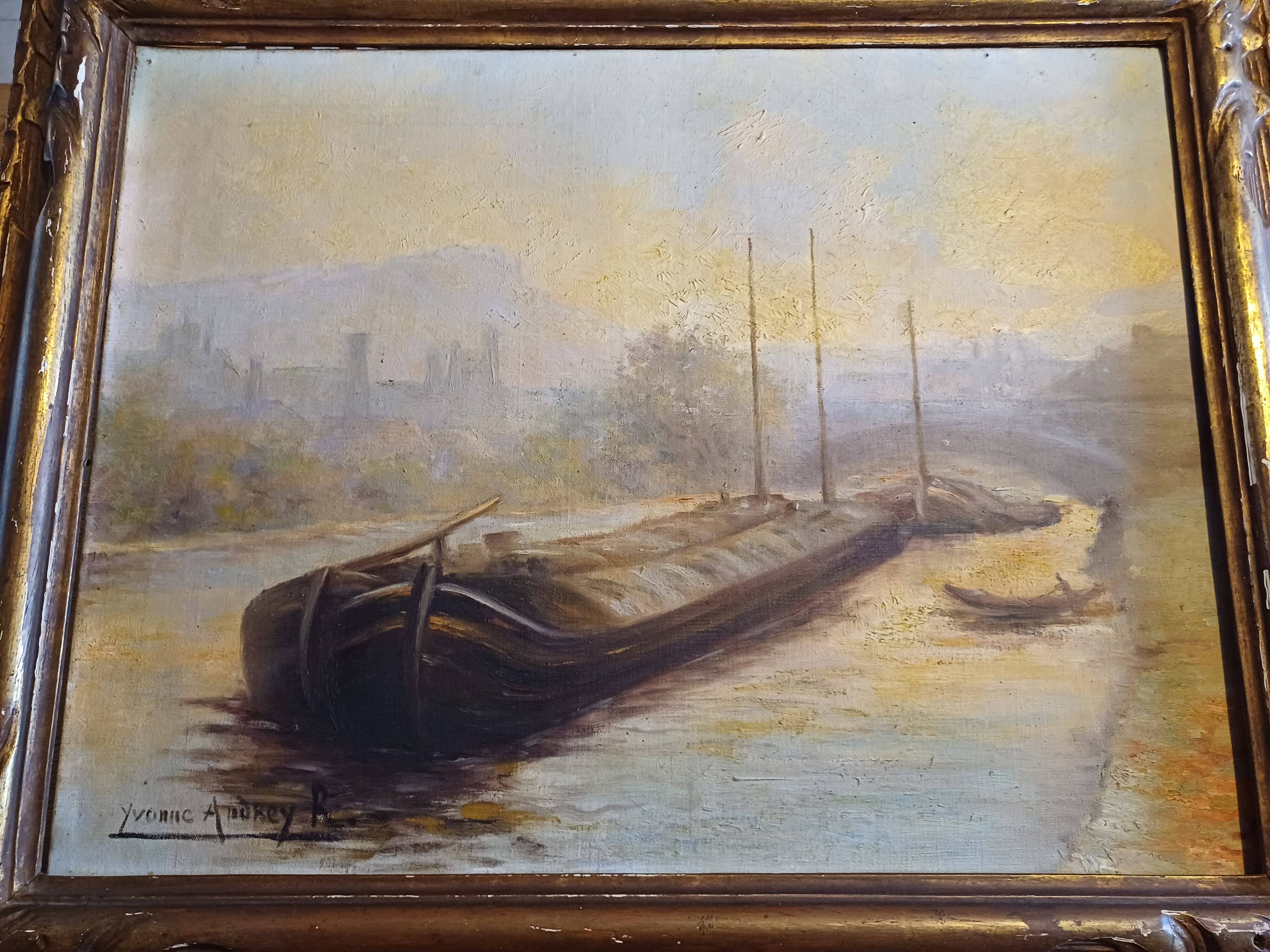 Oil on Canvas 19th Yvonac Annurey R "Barge"