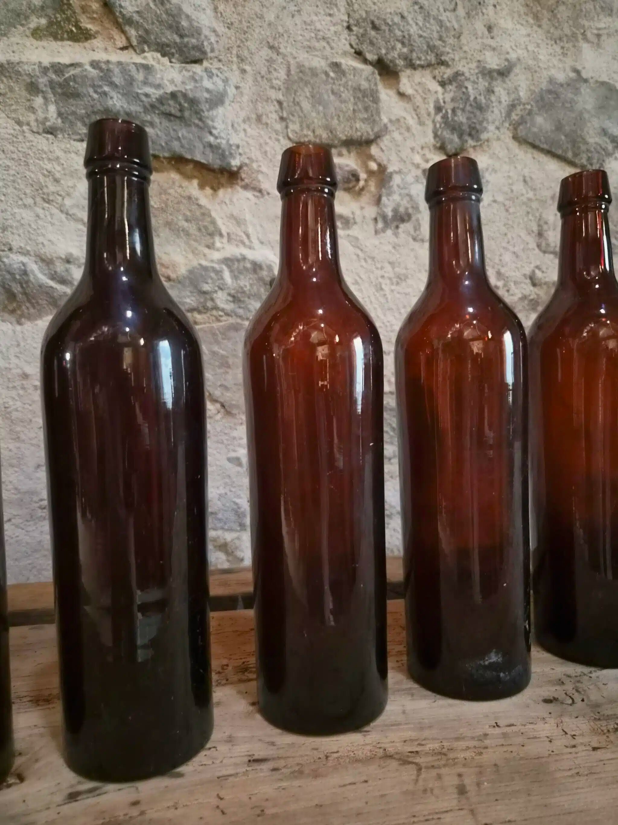 Set of 10 bottles of old Bordeaux French wine in ruby brown glass, 19th century.
