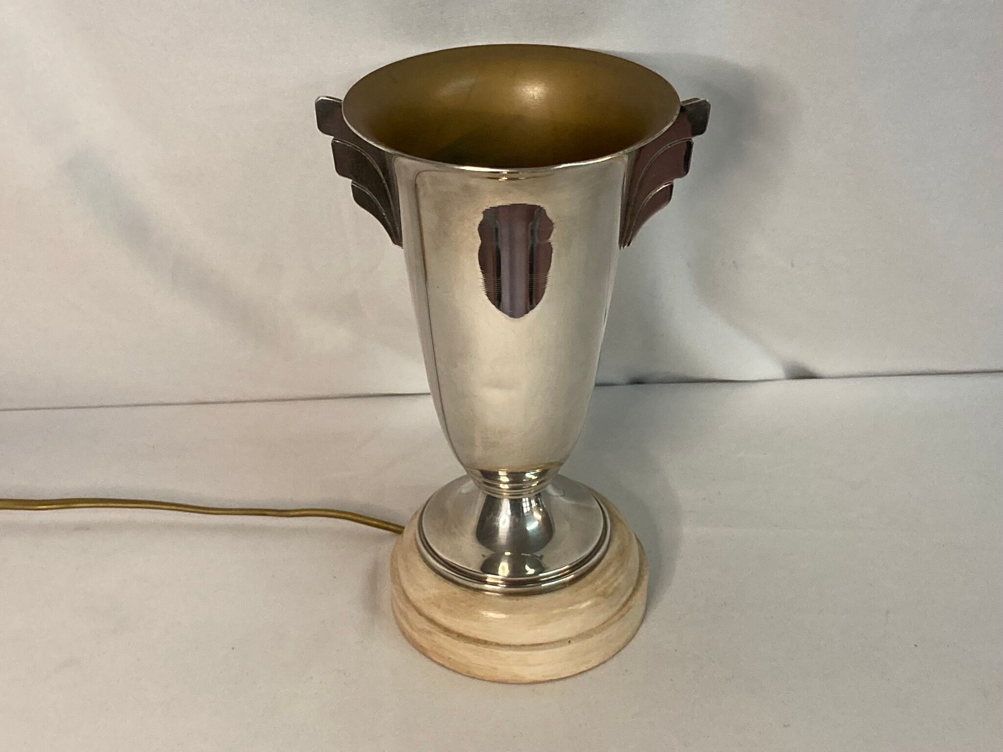 Art Deco, silver metal lamp wood base around 1930