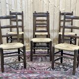 Series of 6 brutalist chairs from the 1950s - oak and straw seat
