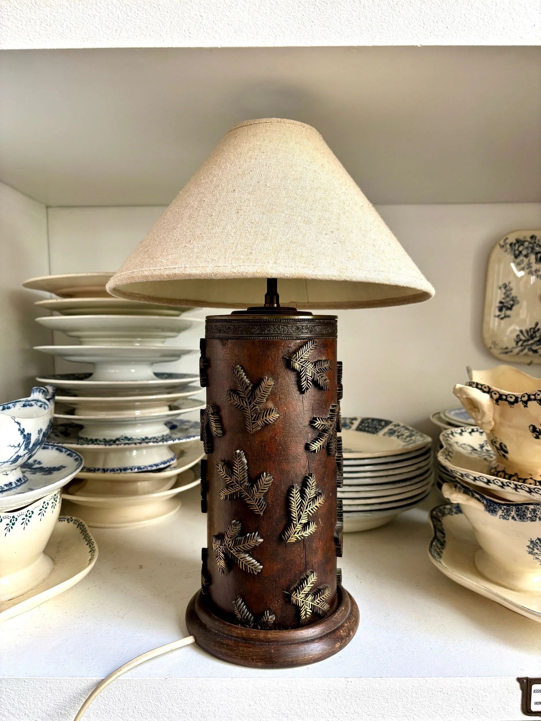 Dark wood and beige cotton block print table lamp