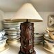 Dark wood and beige cotton block print table lamp