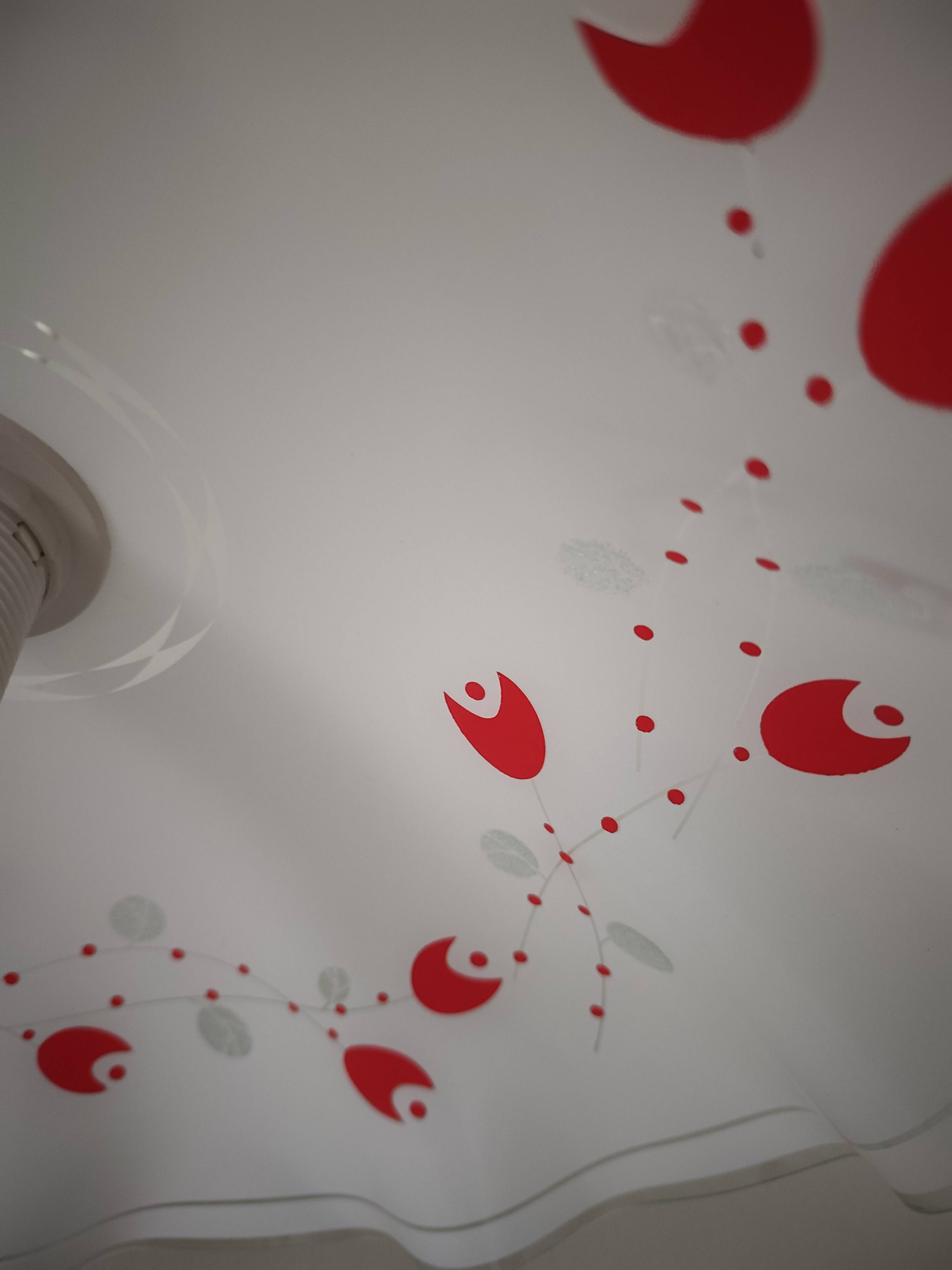 White opaline glass suspension with red and silver floral decoration.